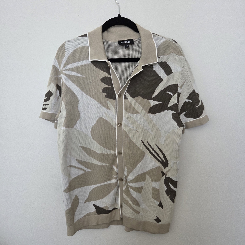 Express Beige and Cream Knit Sweater Button Up Tropical Men Medium